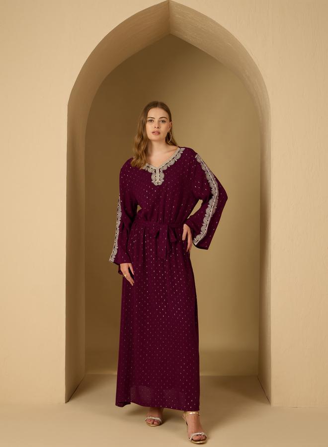 Styli Styli Crinkled Embroidered Detail Jacquard Jalabiya with Fabric Belt  - Image 2