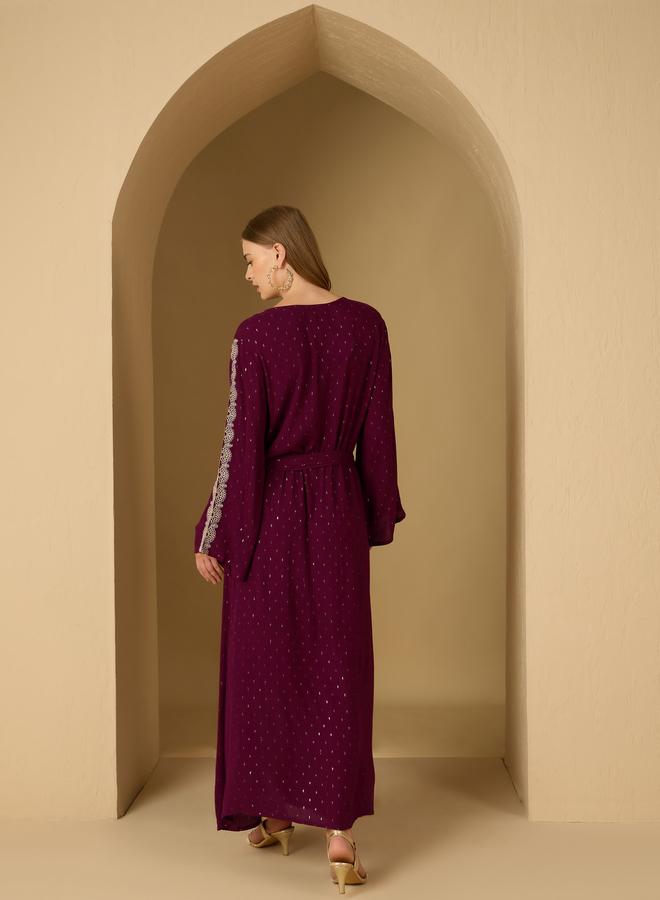 Styli Styli Crinkled Embroidered Detail Jacquard Jalabiya with Fabric Belt  - Image 5