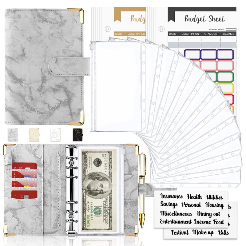 Onlyesh Budget Binder with Cash Envelopes, 28Pcs Marble 6Ring Saving Binder (Grey) - Image 1