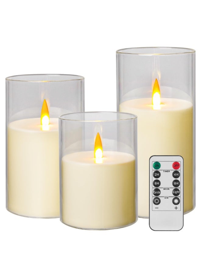 BABONA 3 Piece LED Flameless Pillar Candles Set, Swing Flame with Remote Control Timer Battery Powered 3D Wick Lights for Home Decoration Parties (White) - Image 1