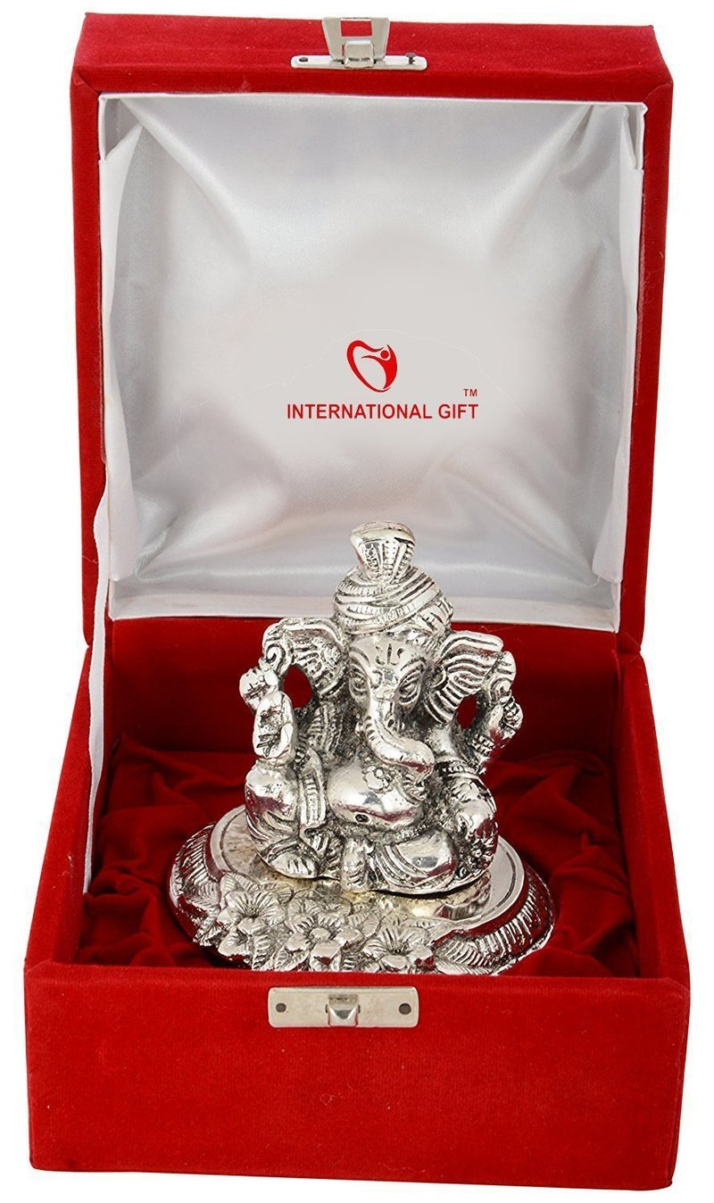 INTERNATIONAL GIFT® Silver Plated Pagdi Ganesh God Idol Statue Oxidized Finish with Beautiful Velvet Box Packing and with Carry Bag (10H x 8W x 8L Centimeters) - Image 1
