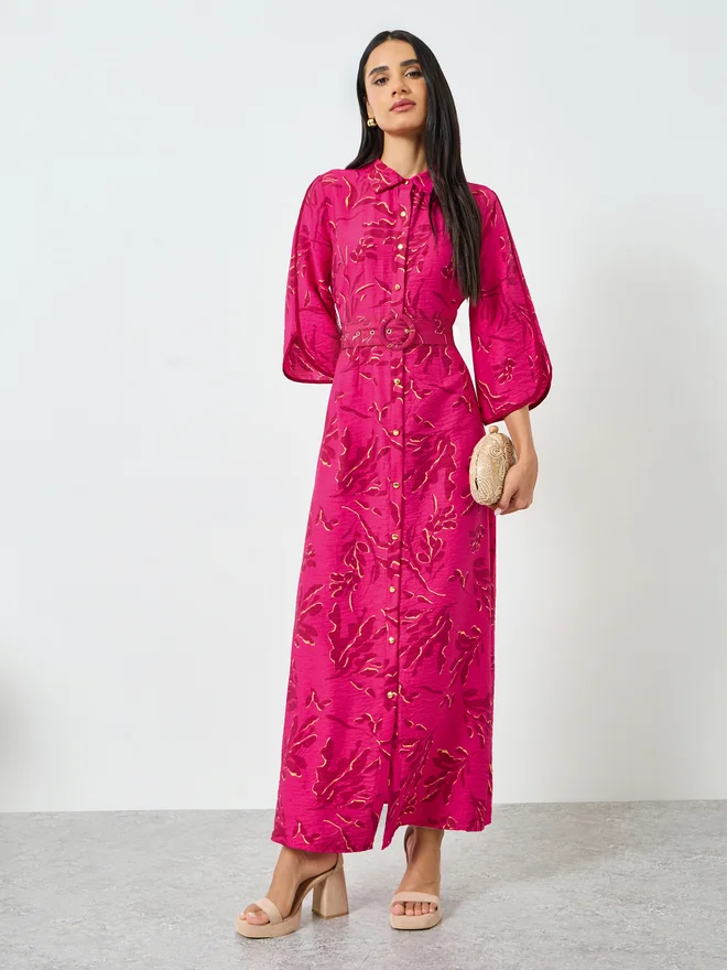 Styli Pink Floral Shirt Maxi Dress with Belt