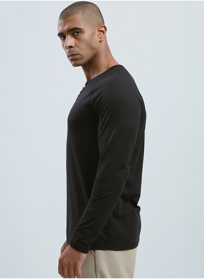 RAVIN Buttoned Round Neck Black Henley Shirt  - Image 2