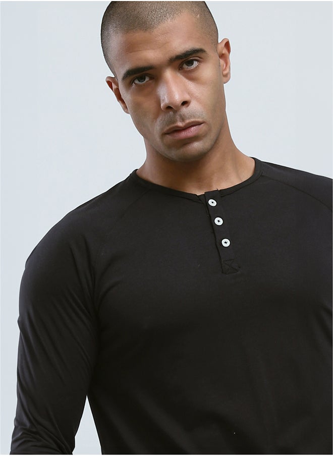 RAVIN Buttoned Round Neck Black Henley Shirt  - Image 4