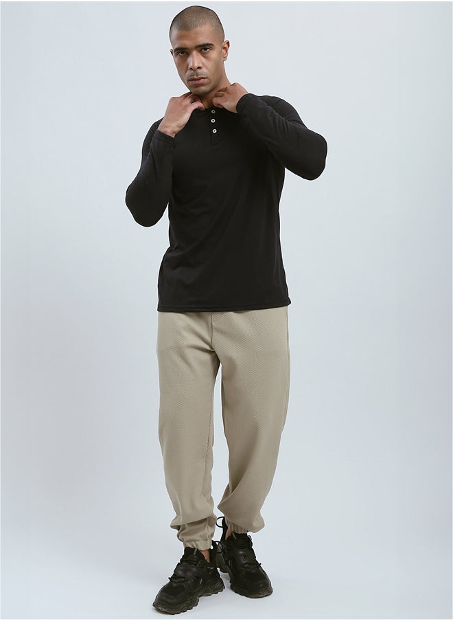 RAVIN Buttoned Round Neck Black Henley Shirt  - Image 5