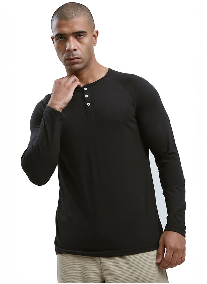 RAVIN Buttoned Round Neck Black Henley Shirt  - Image 1