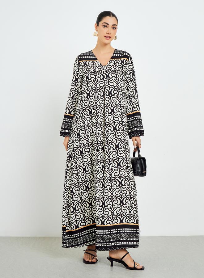 Amirah Black Printed V-Neck A-Line Jalabiya - Image 2