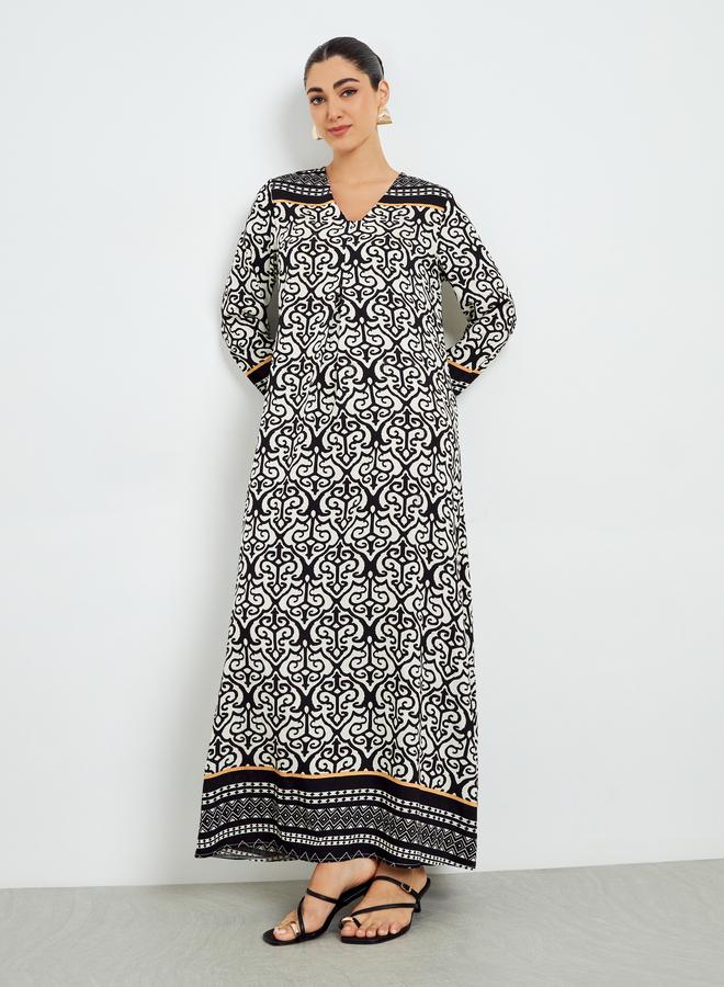 Amirah Black Printed V-Neck A-Line Jalabiya - Image 4