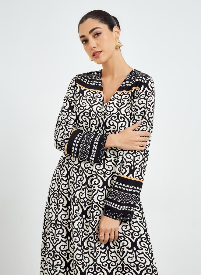 Amirah Black Printed V-Neck A-Line Jalabiya - Image 3