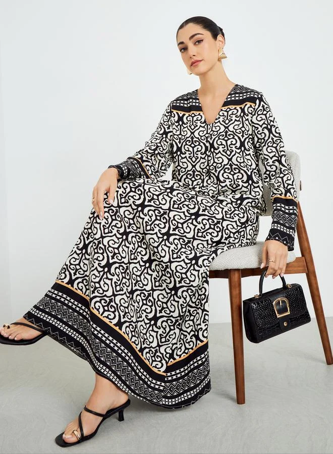 Black Printed V-Neck A-Line Jalabiya