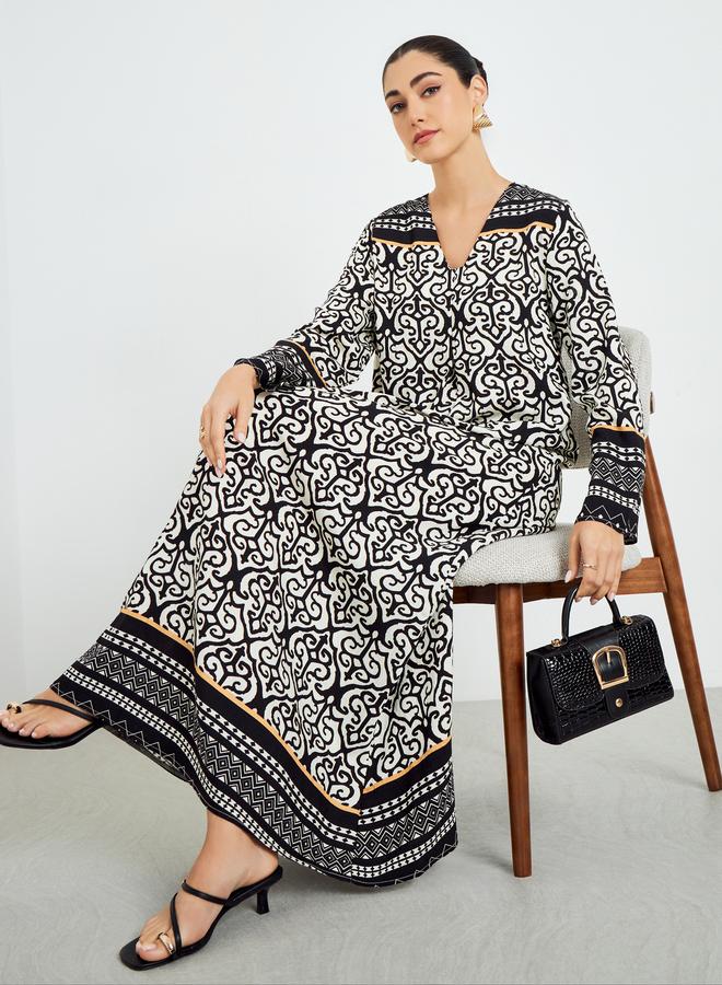 Amirah Black Printed V-Neck A-Line Jalabiya - Image 1