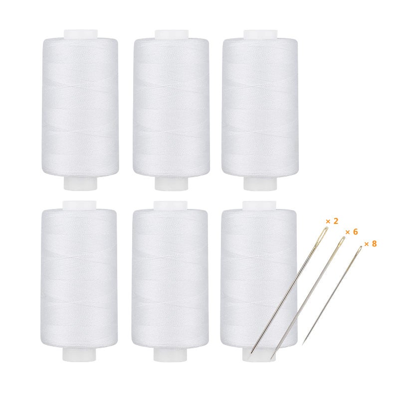 Simthread All Purpose Thread Polyester White 6 Bobbins 400 Yards Each with 16 Needles for Hand Sewing and Thread for Quilting Piecing Sewing Machines