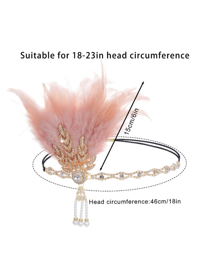 Tongcloud 1920s Flapper Feather Headband Roaring 20s Gatsby Headpiece Womens 1920s Headband Flapper Feather Headpiece Pink - Image 4