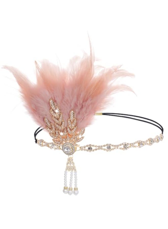 Tongcloud 1920s Flapper Feather Headband Roaring 20s Gatsby Headpiece Womens 1920s Headband Flapper Feather Headpiece Pink - Image 1