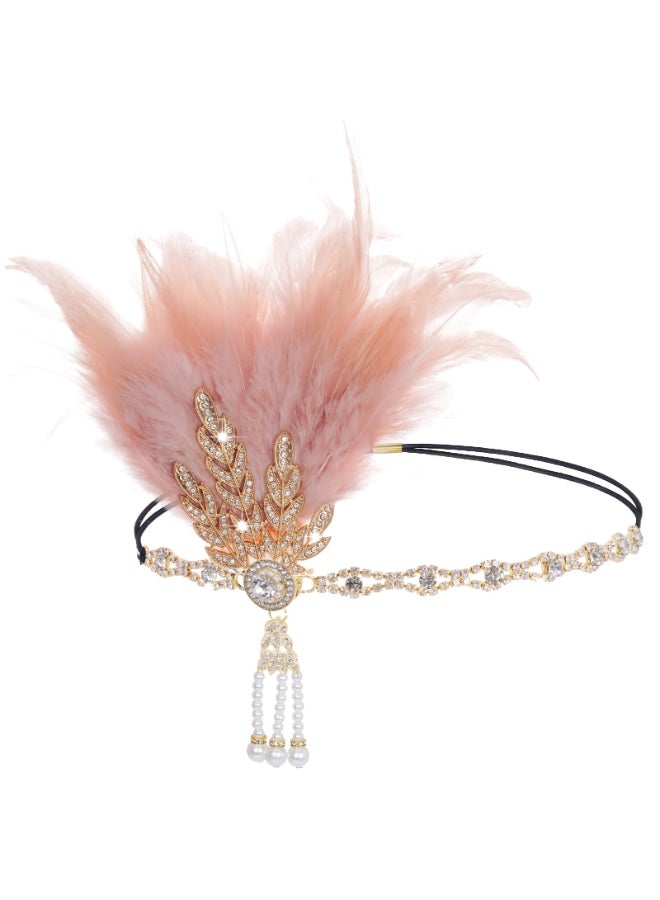 Tongcloud 1920s Flapper Feather Headband Roaring 20s Gatsby Headpiece Womens 1920s Headband Flapper Feather Headpiece Pink - Image 2