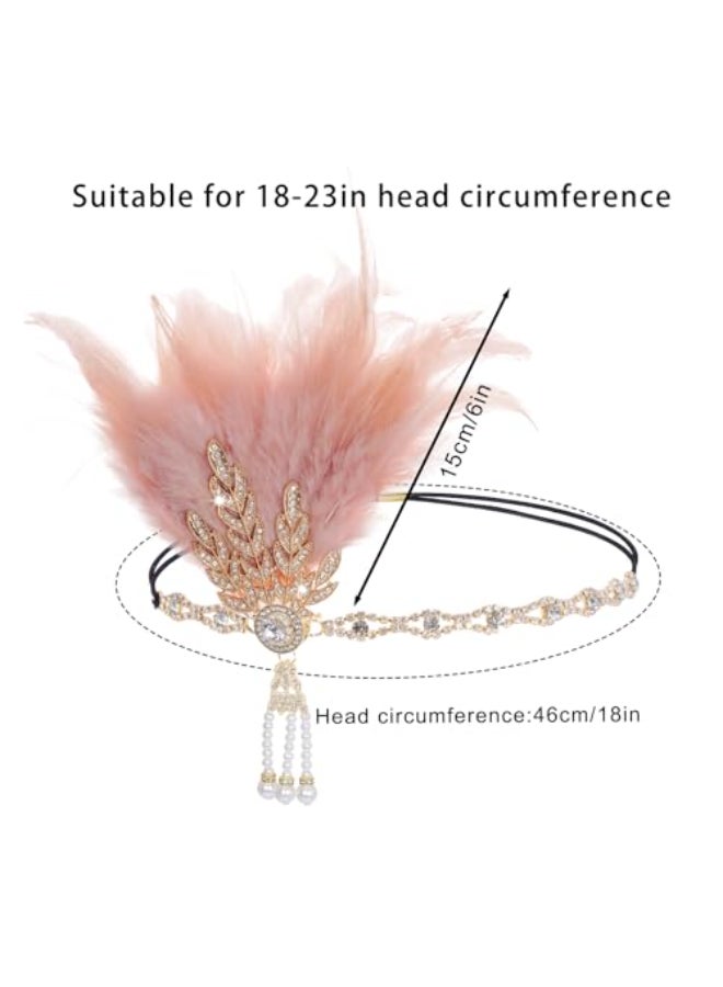 Tongcloud 1920s Flapper Feather Headband Roaring 20s Gatsby Headpiece Womens 1920s Headband Flapper Feather Headpiece Pink - Image 3