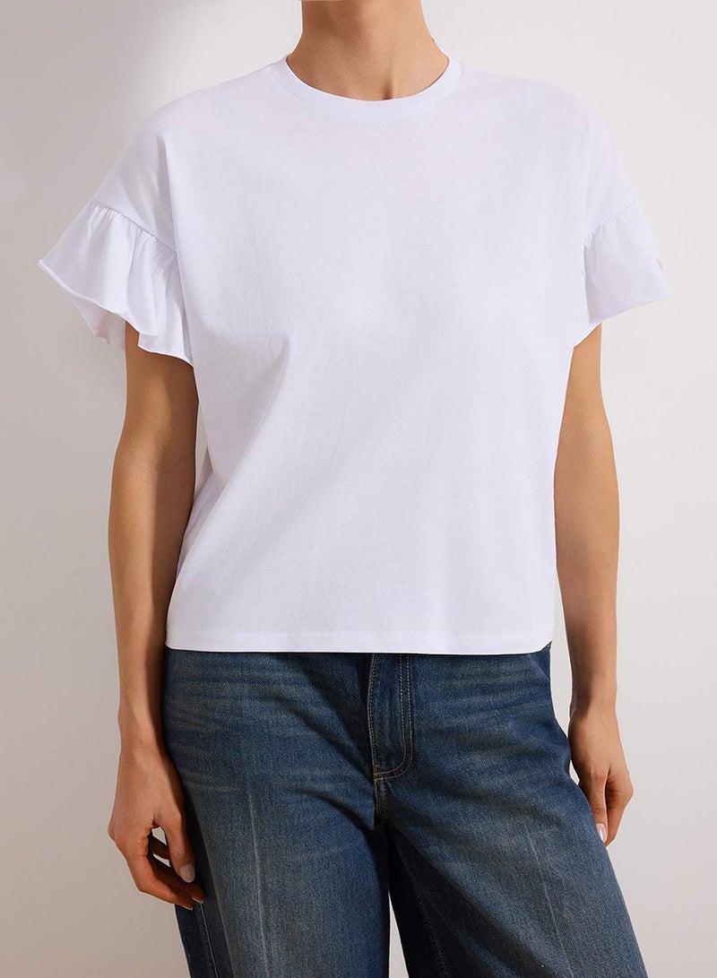 trendyol White 100% Cotton Ruffle Detailed Basic Crew Neck Knitted T-Shirt TWOSS22TS2429 - Image 3