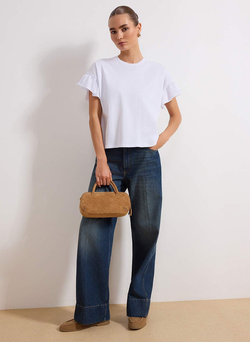 trendyol White 100% Cotton Ruffle Detailed Basic Crew Neck Knitted T-Shirt TWOSS22TS2429 - Image 1