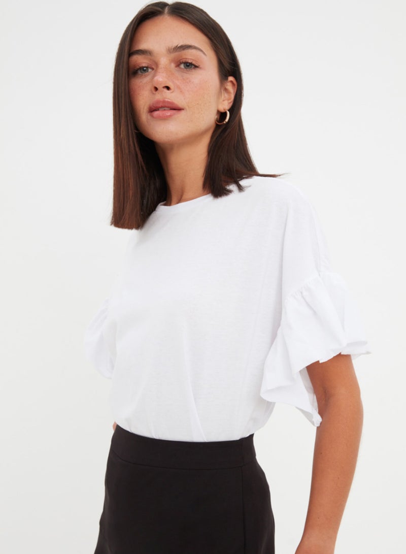 trendyol White 100% Cotton Ruffle Detailed Basic Crew Neck Knitted T-Shirt TWOSS22TS2429 - Image 4