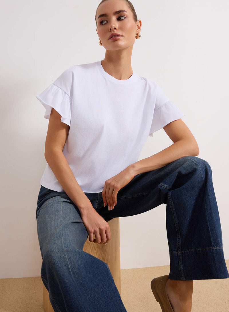 trendyol White 100% Cotton Ruffle Detailed Basic Crew Neck Knitted T-Shirt TWOSS22TS2429 - Image 2