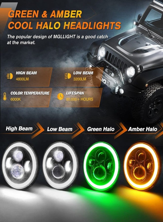 MGLLIGHT 7 Inch Halo LED Headlight with Green DRL Amber Turn Signal Light DOT Approved, Compatible with Wrangler, Jeep, Land Rover, Hummer, Universal Fit, Green - Image 2