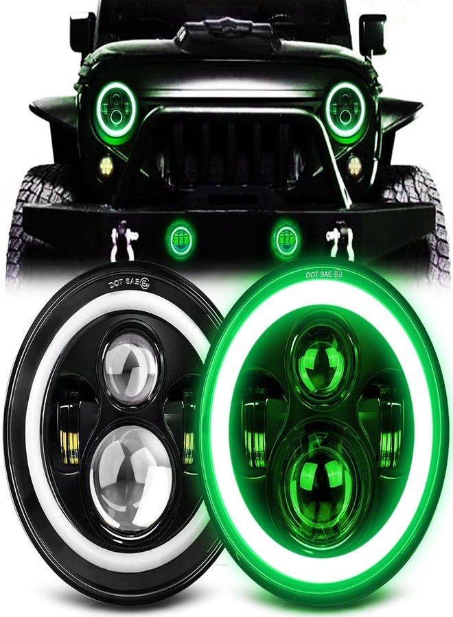 MGLLIGHT 7 Inch Halo LED Headlight with Green DRL Amber Turn Signal Light DOT Approved, Compatible with Wrangler, Jeep, Land Rover, Hummer, Universal Fit, Green - Image 1