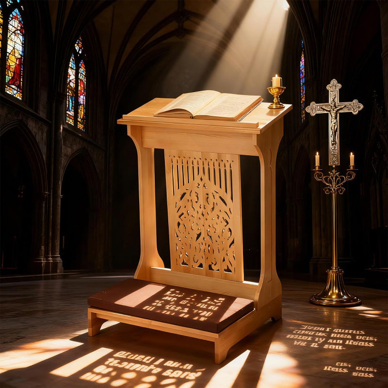 Colingmill Tree of Life Church Prayer Bench Stool Wooden Padded Kneeler with Shelf and Cushion Prayer Kneeler for Home Church Religious Gifts, 24 x 22 x 32 inches (Medium Oak Color) - Image 5