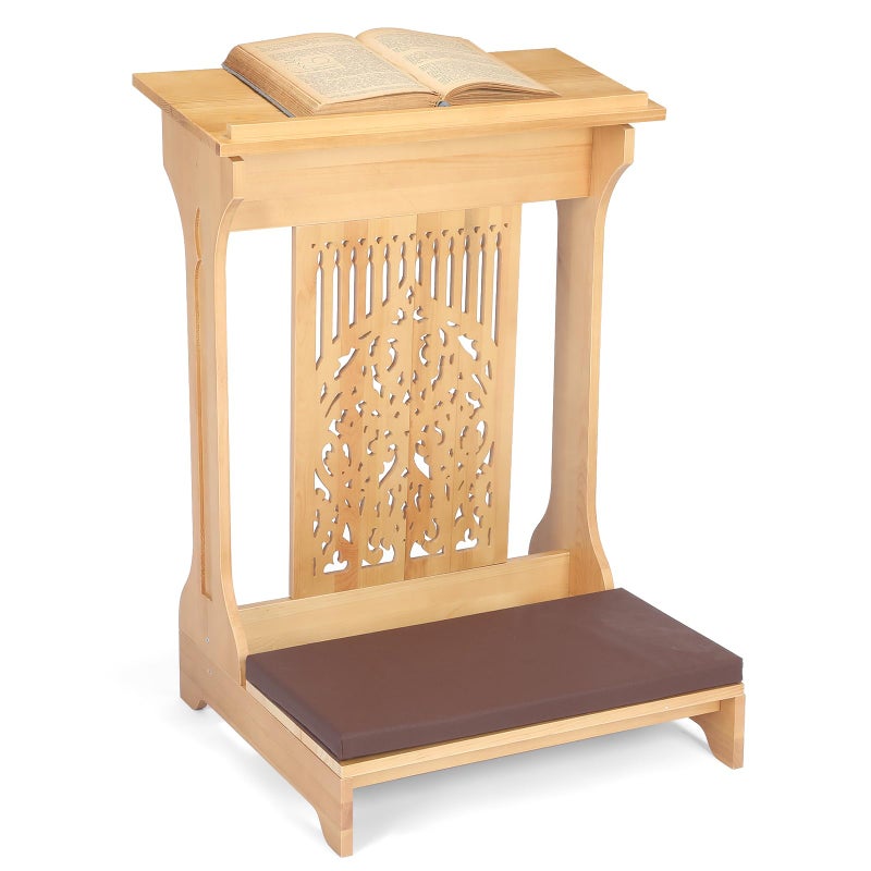 Colingmill Tree of Life Church Prayer Bench Stool Wooden Padded Kneeler with Shelf and Cushion Prayer Kneeler for Home Church Religious Gifts, 24 x 22 x 32 inches (Medium Oak Color) - Image 1