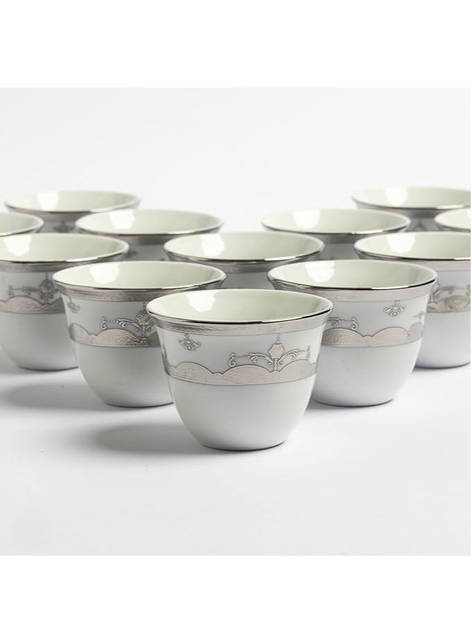 Arabic Coffee Cup Set 12 Piece Premium Porcelain White with Silver Glittering Engravings and Motifs | Saudi Coffee Cups | Coffee Cups for Hospitality  - Image 1