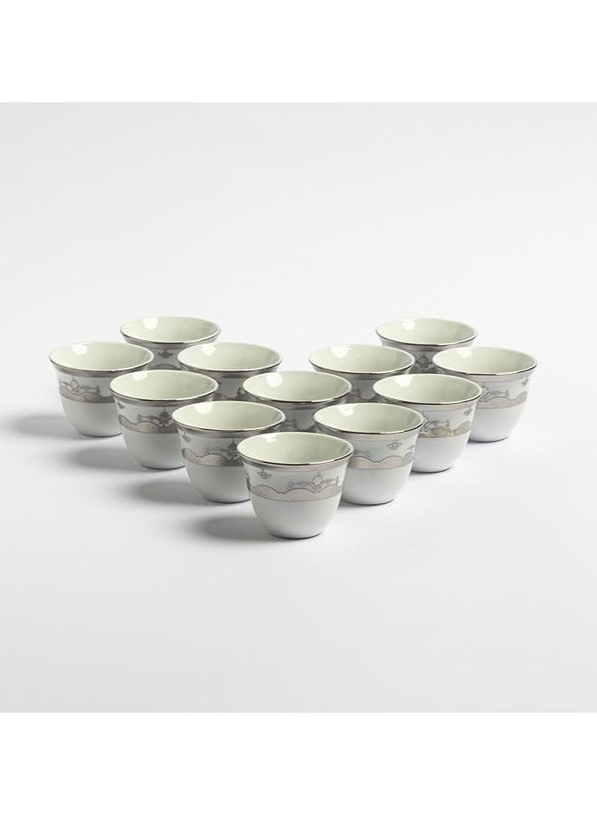 Arabic Coffee Cup Set 12 Piece Premium Porcelain White with Silver Glittering Engravings and Motifs | Saudi Coffee Cups | Coffee Cups for Hospitality  - Image 2