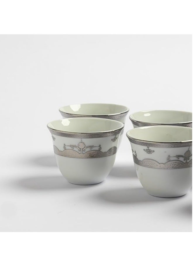 Arabic Coffee Cup Set 12 Piece Premium Porcelain White with Silver Glittering Engravings and Motifs | Saudi Coffee Cups | Coffee Cups for Hospitality  - Image 3