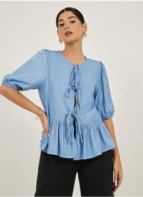 Puff Sleeves Ruffled Hem Peplum Top with Tie-Up Detail