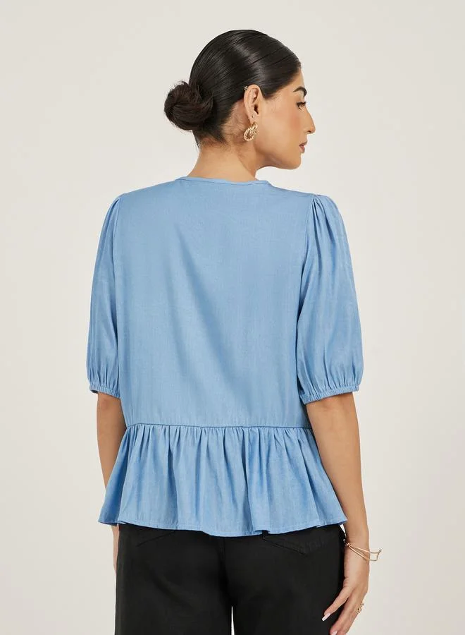 Styli Puff Sleeves Ruffled Hem Peplum Top with Tie-Up Detail