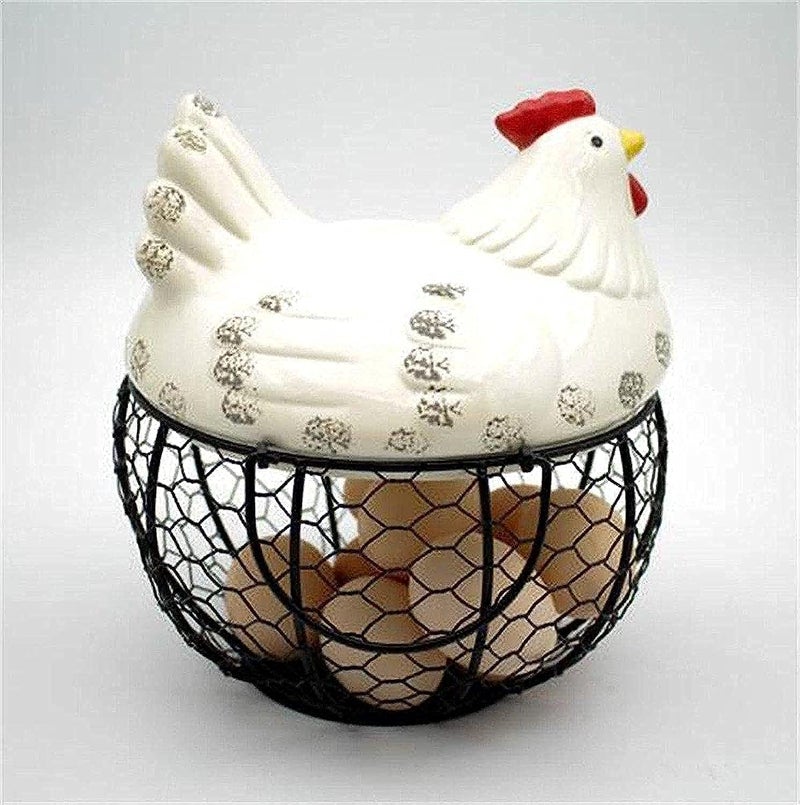 Chicken Shaped Egg Basket Holder with Wire Storage, White with Red Accents, 12x10x7 cm