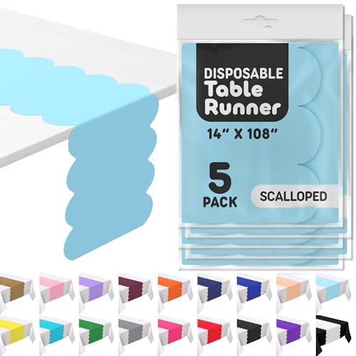 Swanoo Light Blue Plastic Disposable Table Runner 5 Pack 14 x 108 inch Scallop Table Runner Adds A Pop of Color To Your Party Table by Swanoo 