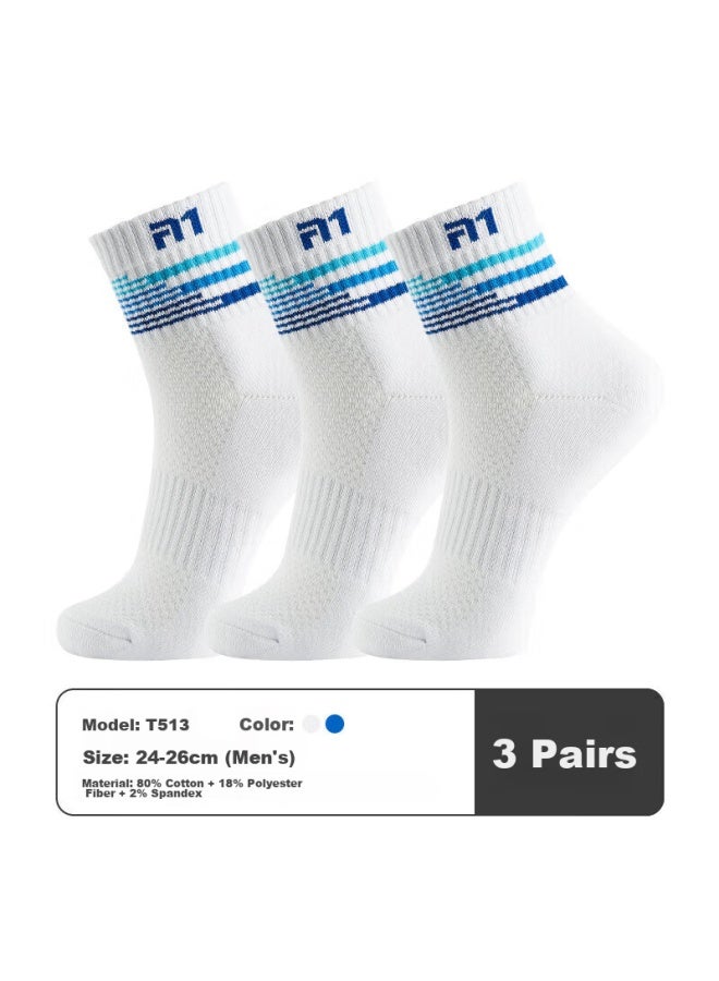 Taan Men's Thickened Mid-calf Badminton Socks With Towel Bottom, T513 White And Blue, 3 Pairs - Image 1