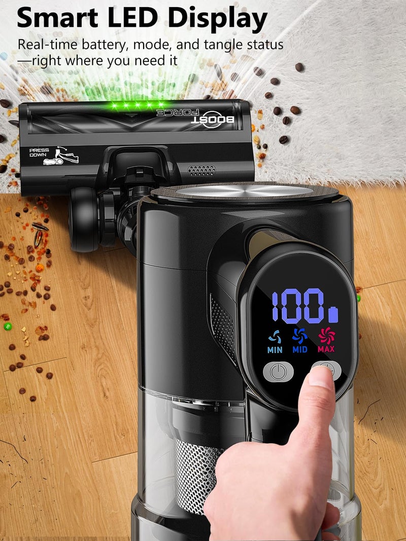 SUXIANGVAC مكنسة كهربائية لاسلكية، 46Kpa/55 دقيقة مكنسات كهربائية للمنزل، مكنسة عمودية قائمة بذاتها مع قاعدة قابلة للشحن، شاشة LED ومضادة للتشابك، مكنسة خفيفة للسجاد، الأرضية (أسود نقي) - Image 4