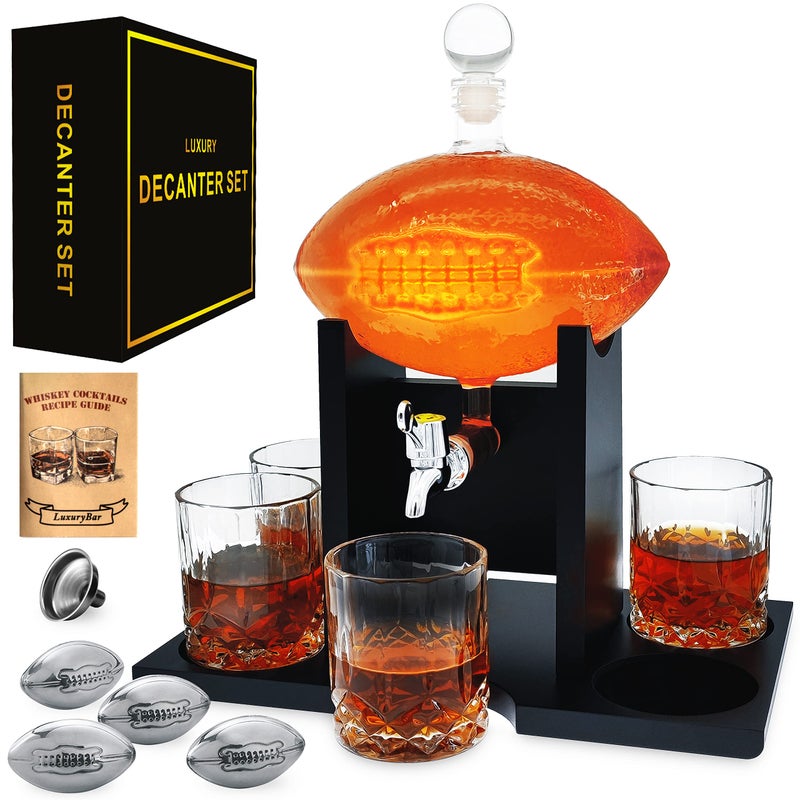 LuxuryBar Football Whiskey Decanter Set,47oz Whiskey Decanter Sets for Men with Spout, 4 Football Chiller&4 Glasses,Tequila Alcohol Whiskey Set Birthday Boutbon Gifts for Men Dad Him Boyfriend Brother Husband - Image 1