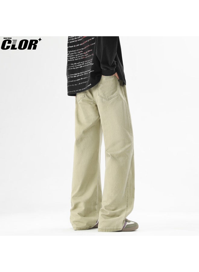 Clor Pure Cotton Straight Wide-leg Jeans Men's Spring Summer Simple Casual Pants Nz23 Khaki L - Image 2