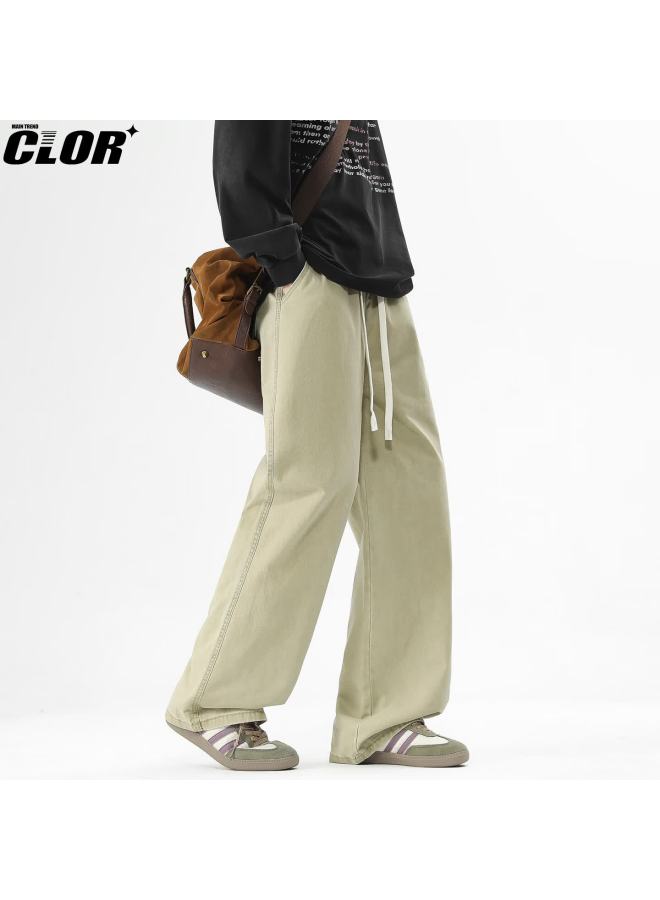Clor Pure Cotton Straight Wide-leg Jeans Men's Spring Summer Simple Casual Pants Nz23 Khaki L - Image 3
