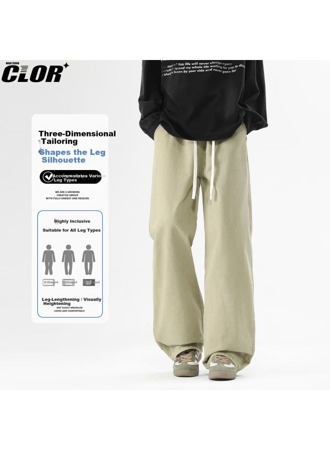 Clor Pure Cotton Straight Wide-leg Jeans Men's Spring Summer Simple Casual Pants Nz23 Khaki L - Image 1