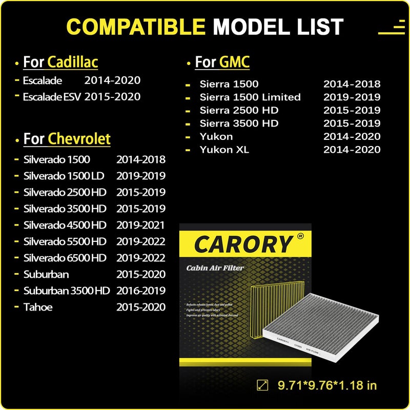 CARORY Cabin Air Filter w/Activated Carbon for Chevy Silverado 1500 2014-2018, Tahoe 2015-2020, Suburban 2015-2020, GMC Sierra 1500 2014-2018, Yukon 2014-2020, Yukon XL 2014-2020 - Image 2
