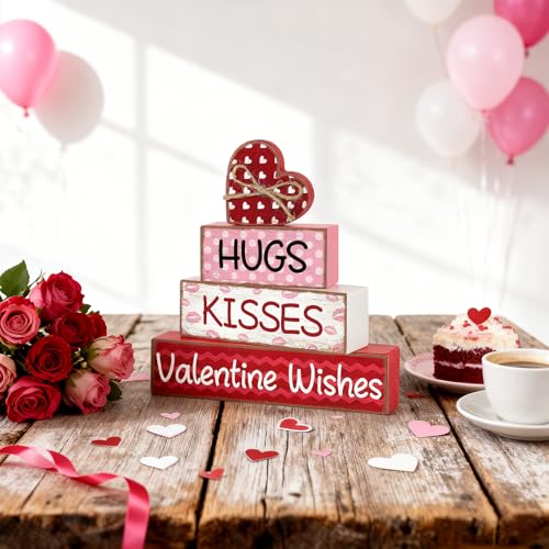 Sealmic 4 Pcs Valentines Day Table Decorations Centerpieces Valentine Wooden Block Table Sign Vintage Heart Tabletop for Tiered Tray Pink Red Farmhouse Wood Signs Indoor Shelf Office Desk Home Wedding Party - Image 5