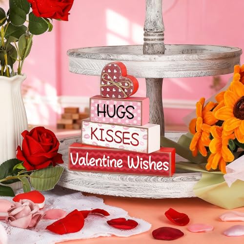 Sealmic 4 Pcs Valentines Day Table Decorations Centerpieces Valentine Wooden Block Table Sign Vintage Heart Tabletop for Tiered Tray Pink Red Farmhouse Wood Signs Indoor Shelf Office Desk Home Wedding Party - Image 4