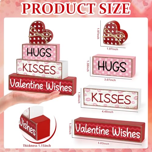 Sealmic 4 Pcs Valentines Day Table Decorations Centerpieces Valentine Wooden Block Table Sign Vintage Heart Tabletop for Tiered Tray Pink Red Farmhouse Wood Signs Indoor Shelf Office Desk Home Wedding Party - Image 2