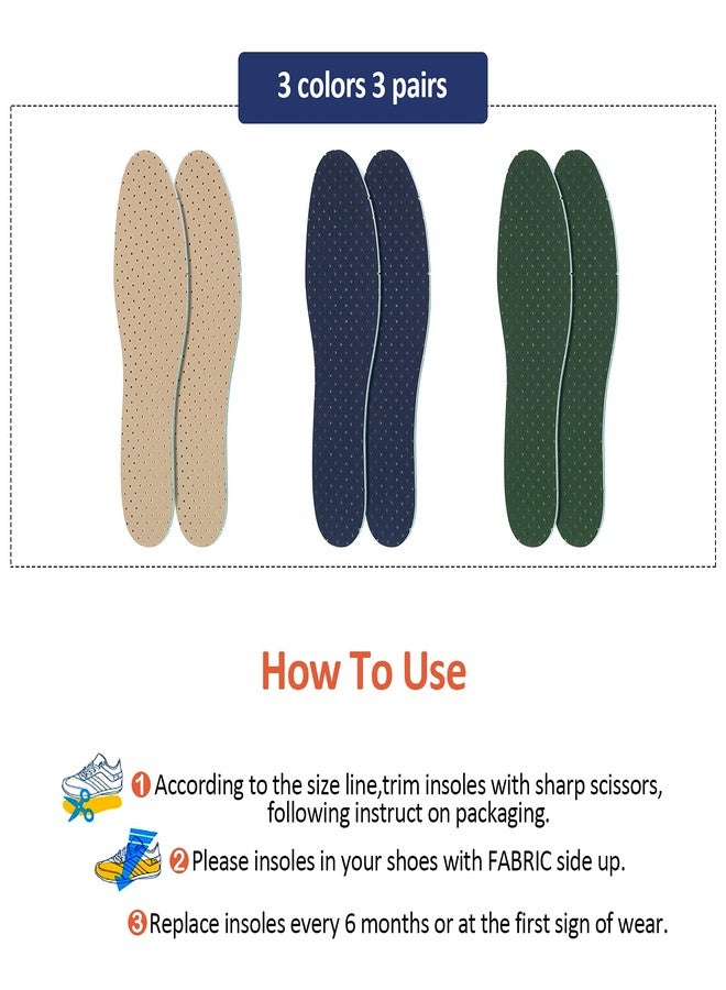 Sintege 3 Pairs Breathable Shoe Insoles Inserts Soft Cushioning Double-Layer Latex Foam Perforated Replacement Insoles for Men 7-11 Woman 2-8(Khaki, Green, Blue) - Image 2