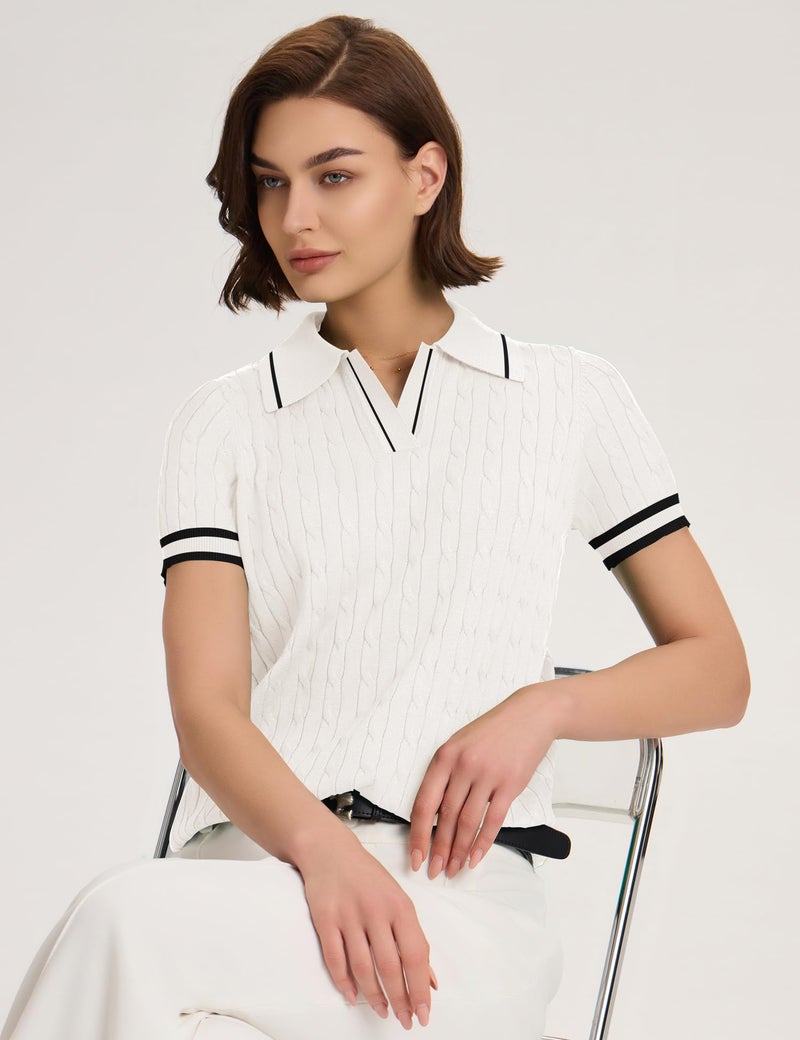 Micoson Womens Cable Short Sleeve Sweaters Tops Lapel V Neck Knit Polo Shirts Casual Soft Lightweight Blouses(White Black,XL) - Image 5