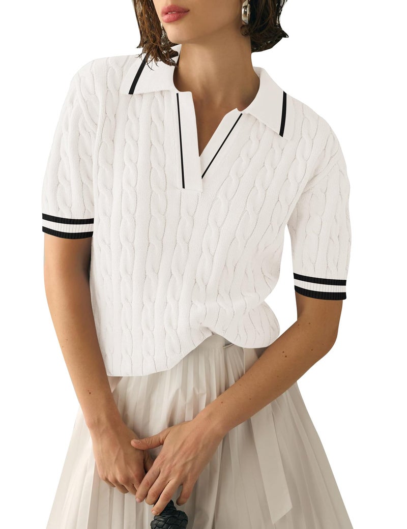 Micoson Womens Cable Short Sleeve Sweaters Tops Lapel V Neck Knit Polo Shirts Casual Soft Lightweight Blouses(White Black,XL) - Image 1