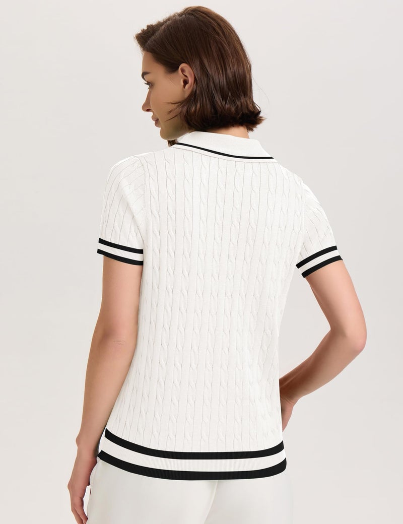 Micoson Womens Cable Short Sleeve Sweaters Tops Lapel V Neck Knit Polo Shirts Casual Soft Lightweight Blouses(White Black,XL) - Image 3