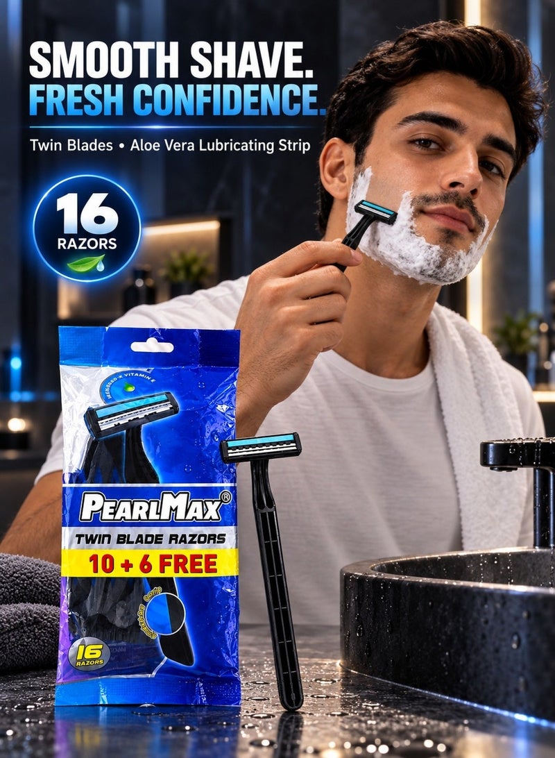 PearlMax Twin Blade Razors Smooth Shave with Aloe Vera Disposable Razors for Comfort and Precision Shaving 16 Pieces - Image 1